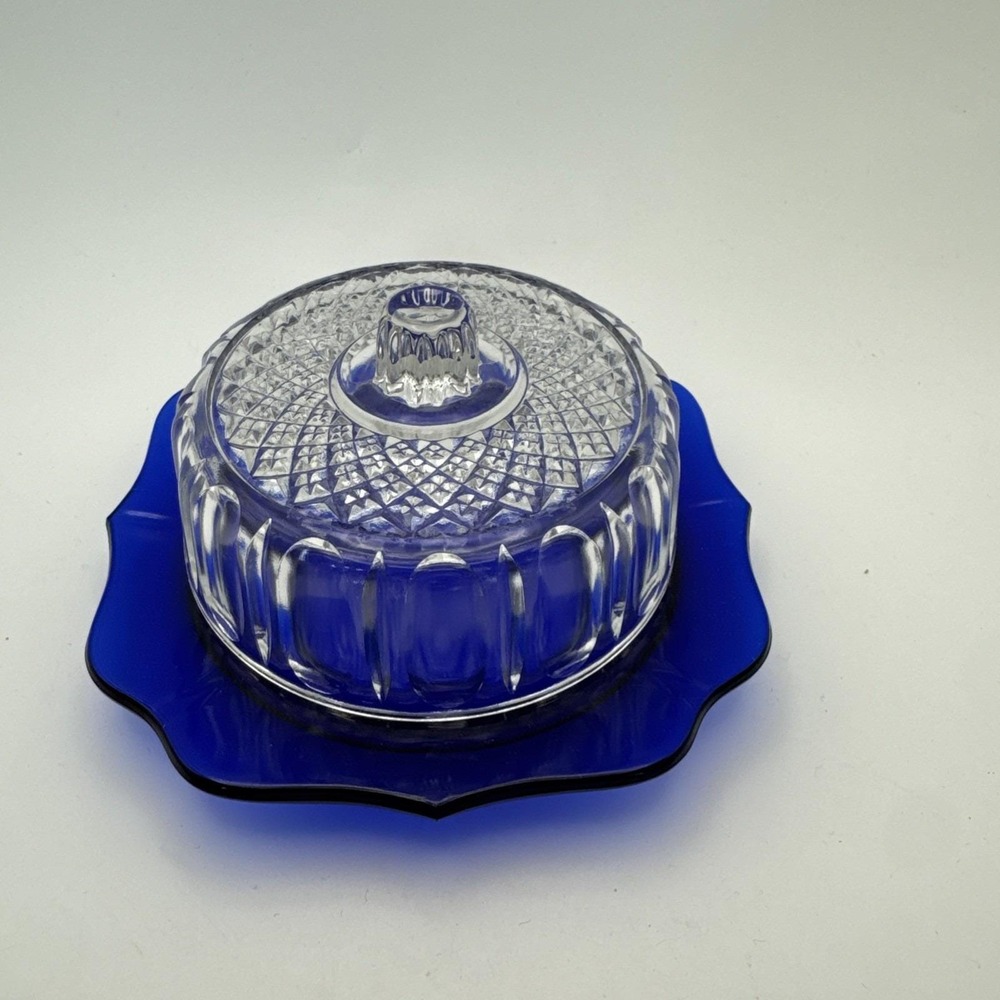 Vintage Imperial Glass Clear Cobalt Blue Dome Butter Cheese Dish 1960s‎